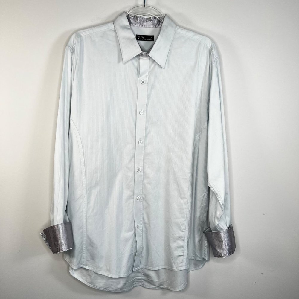 7 Diamonds Pale Gray Tonal Stripe Silver Satin Flip Cuff Shirt Size X-Large